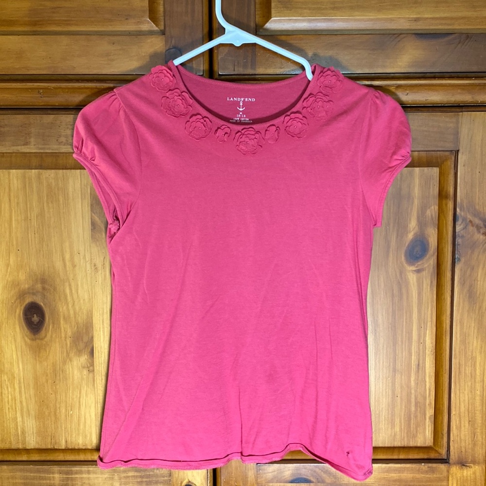Lands’ End Girls Pink Short Sleeve Flower Shirt